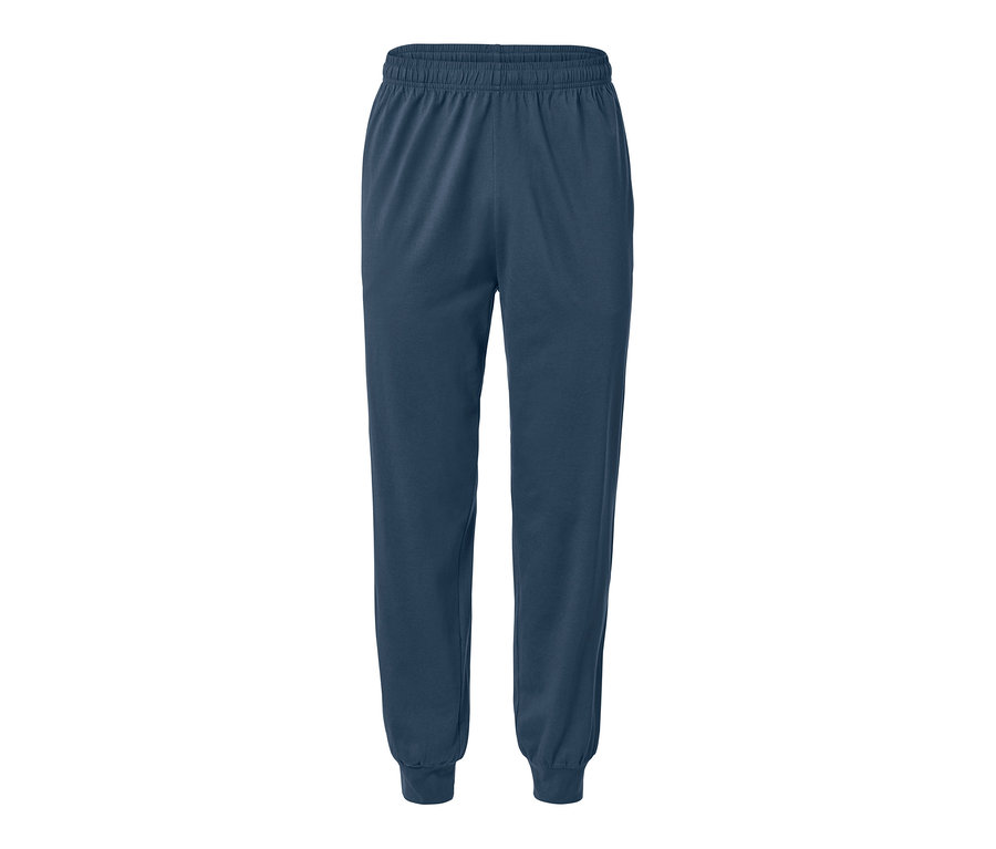 Pantalon de pyjama bleu avec ceinture élastique et chevilles élastiquées.
