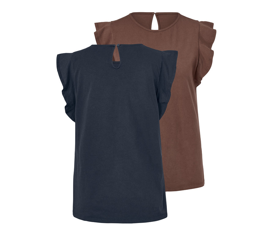 Deux tops pour femmes EarthColors®, un bleu marine et un marron, montrés de dos.