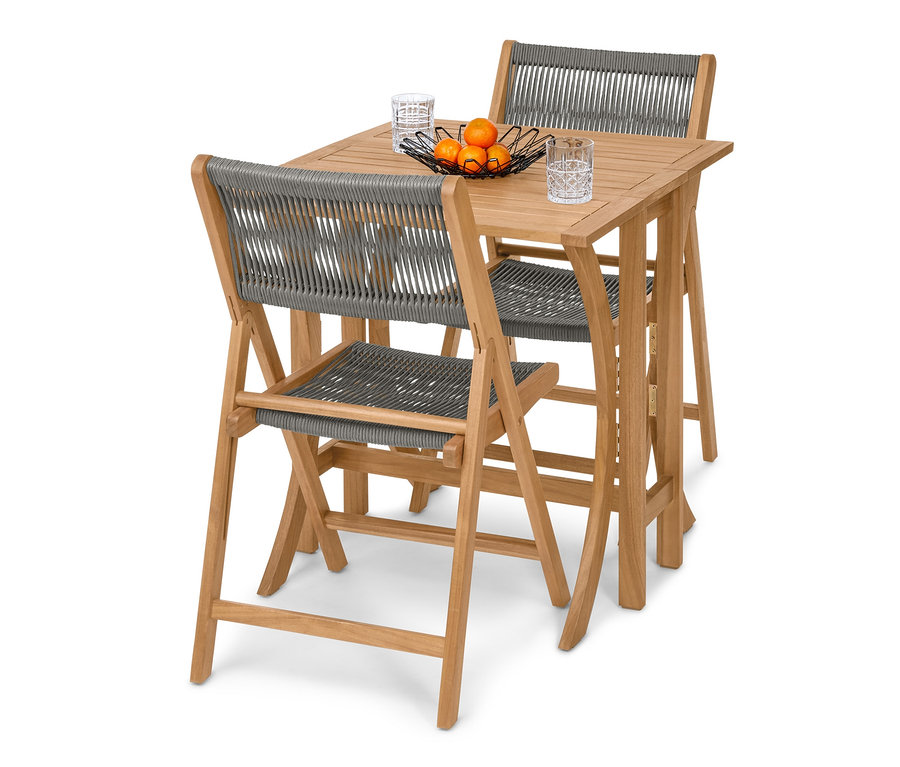 Ensemble de balcon pliable »Lenja« avec tressage textile comprenant deux chaises pliantes et une table. Des verres et un saladier de fruits sont posés sur la table.