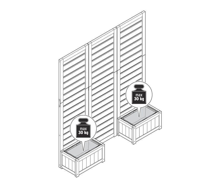 Illustration de deux paravents avec caisses à plantes « Tinus » et informations sur le poids maximal de 30 kg.