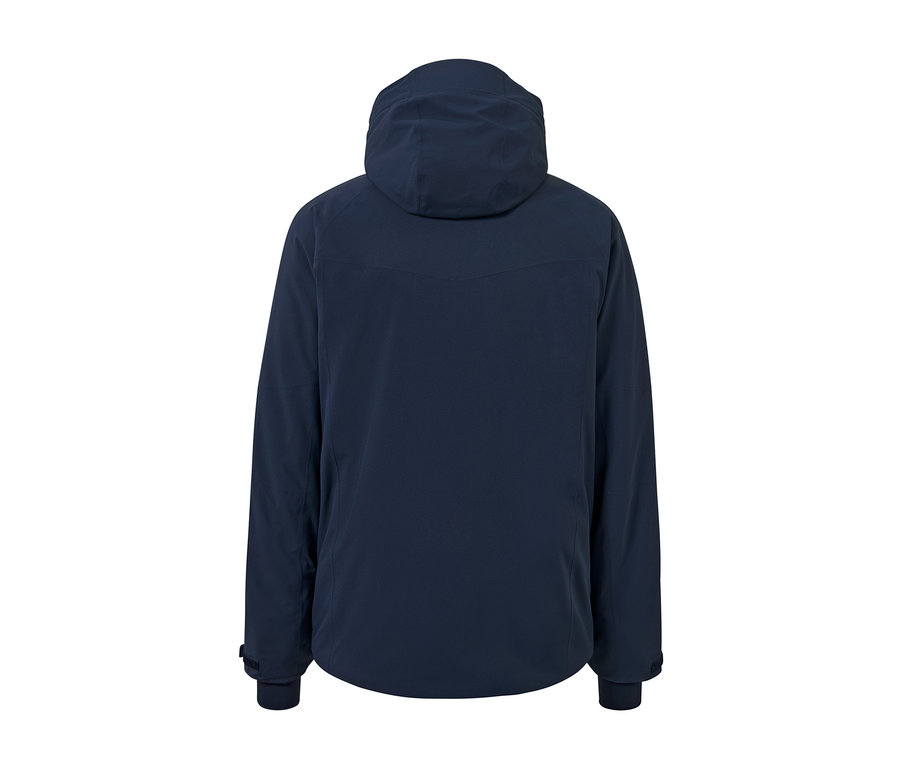 Vue arrière d'une veste de ski high-tech bleu marine avec capuche.