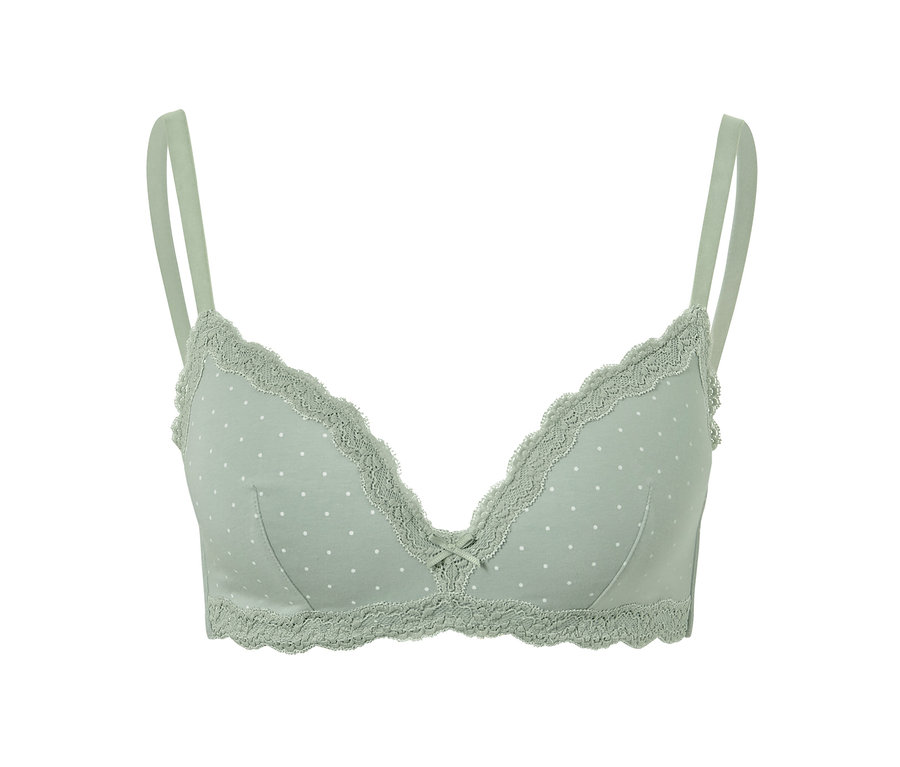 Soutien-gorge à coques souples vert sauge avec des pois blancs.