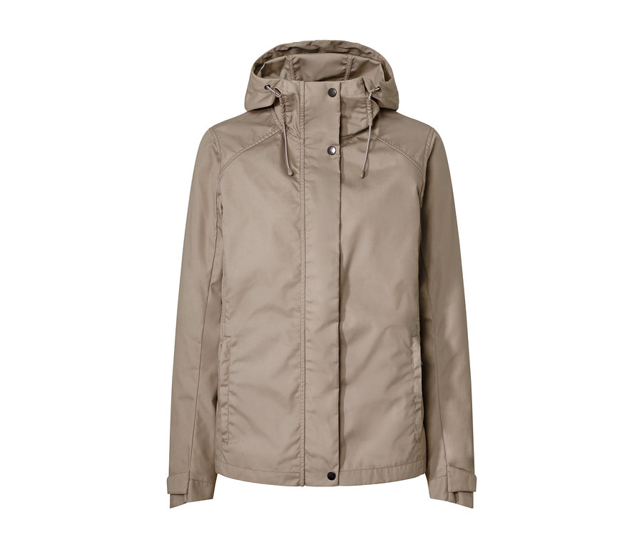 Veste polyvalente beige à capuche.
