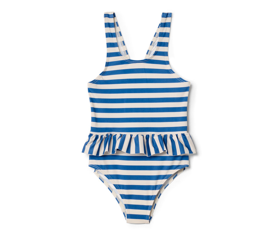 Maillot de bain pour enfant à rayures bleues et blanches.