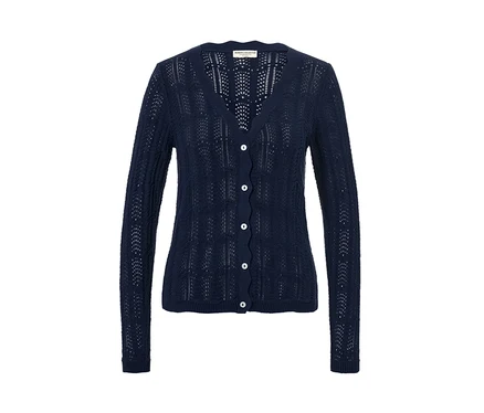 Gilet bleu marine en maille à motif ajouré avec des boutons.