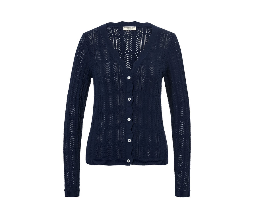 Gilet bleu marine en maille à motif ajouré avec des boutons.