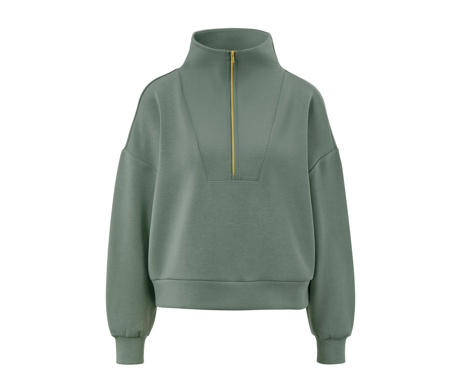 Un pull camionneur premium vert avec une courte fermeture éclair.