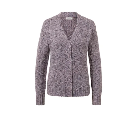 Veste en maille avec de la laine grise, col en V et trois boutons.
