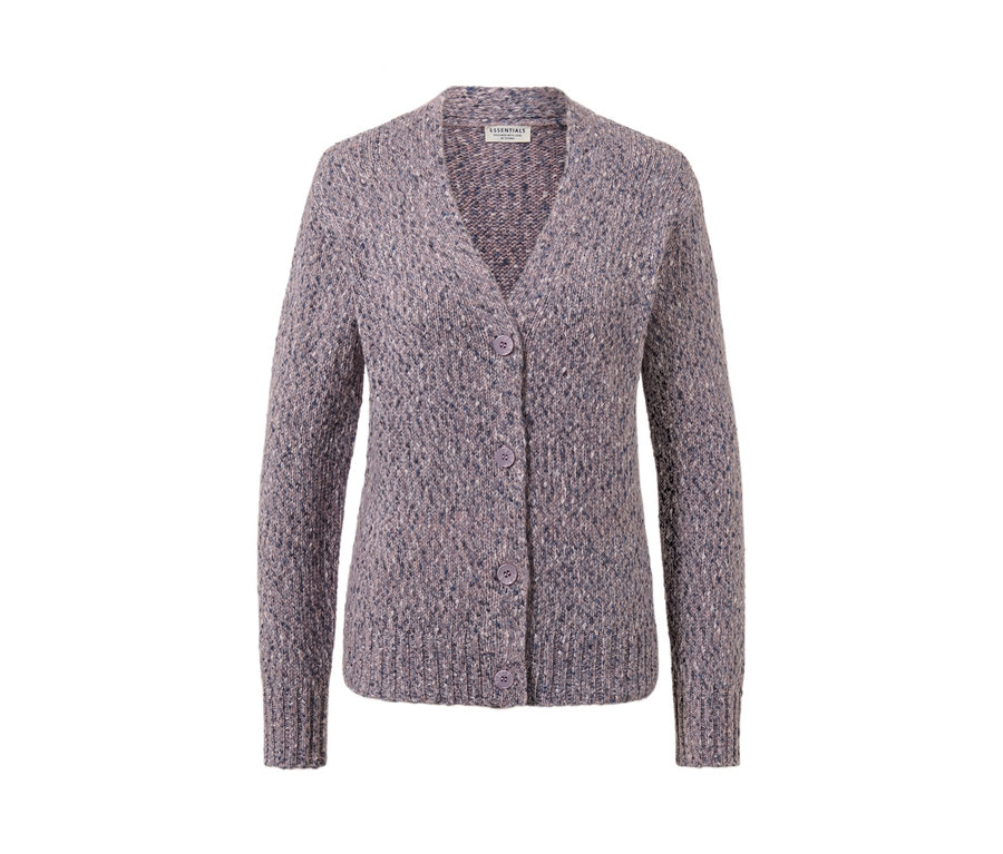 Veste en maille avec de la laine grise, col en V et trois boutons.