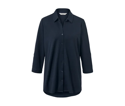 Chemisier en jersey piqué bleu foncé avec col et manches trois-quarts.