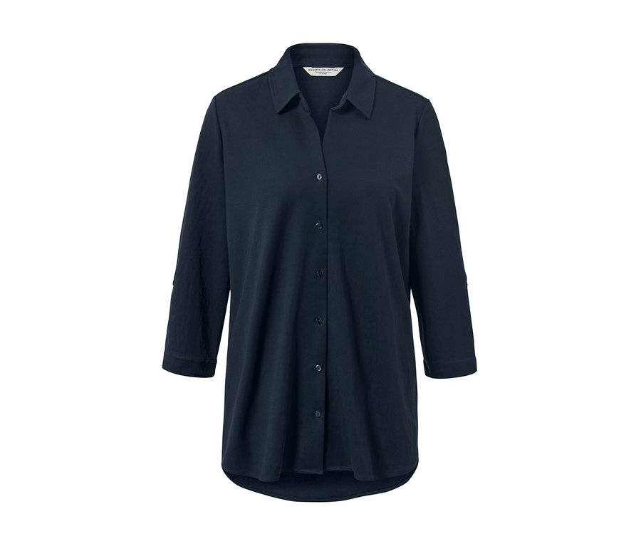 Chemisier en jersey piqué bleu foncé avec col et manches trois-quarts.