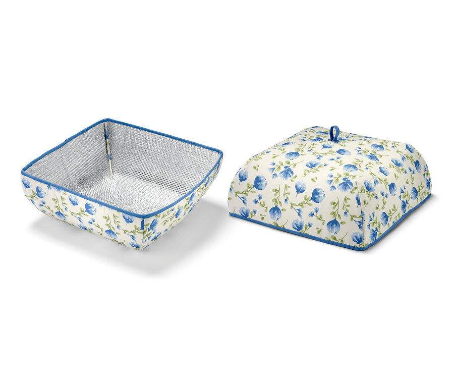 Deux couvertures isothermes à motif floral bleu sur fond blanc.