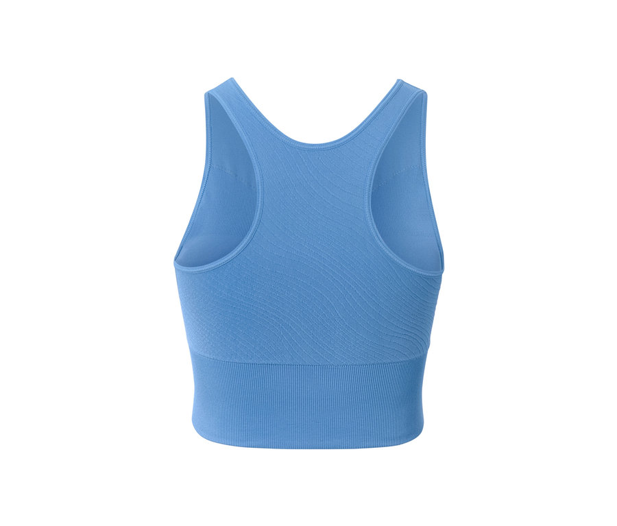 Détail d'une bralette de sport Seamless bleue.