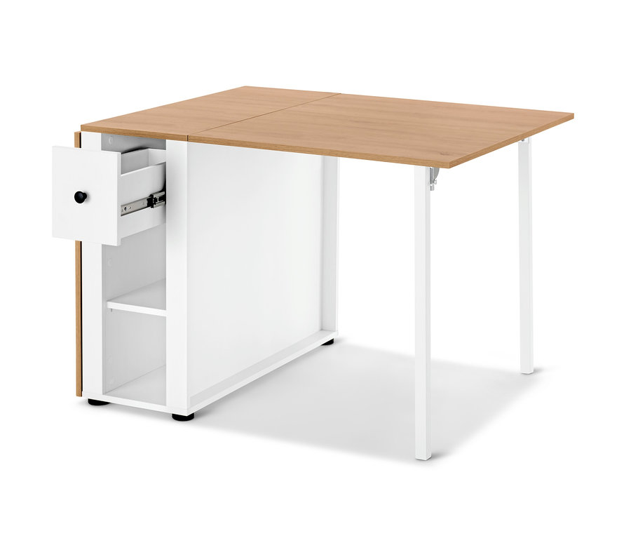 Table carrée avec tiroir et espace de rangement, le plateau est en bois, le reste est blanc.