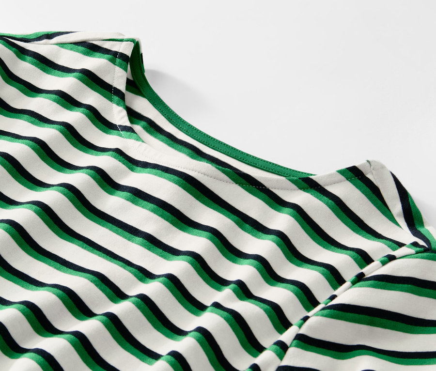Gros plan sur un haut à manches longues rayé multicolore en vert, blanc et noir.