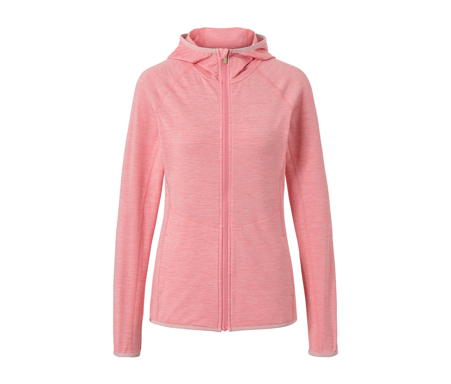 Veste de sport rose chiné avec fermeture éclair et capuche.