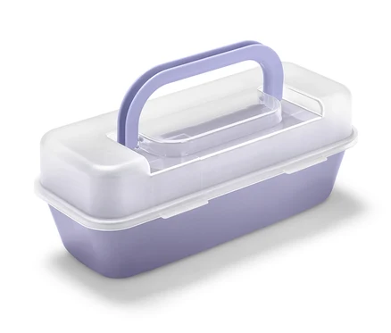 Un moule rectangulaire violet avec un couvercle blanc et une poignée violette.