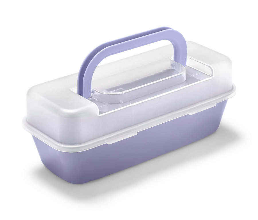 Un moule rectangulaire violet avec un couvercle blanc et une poignée violette.