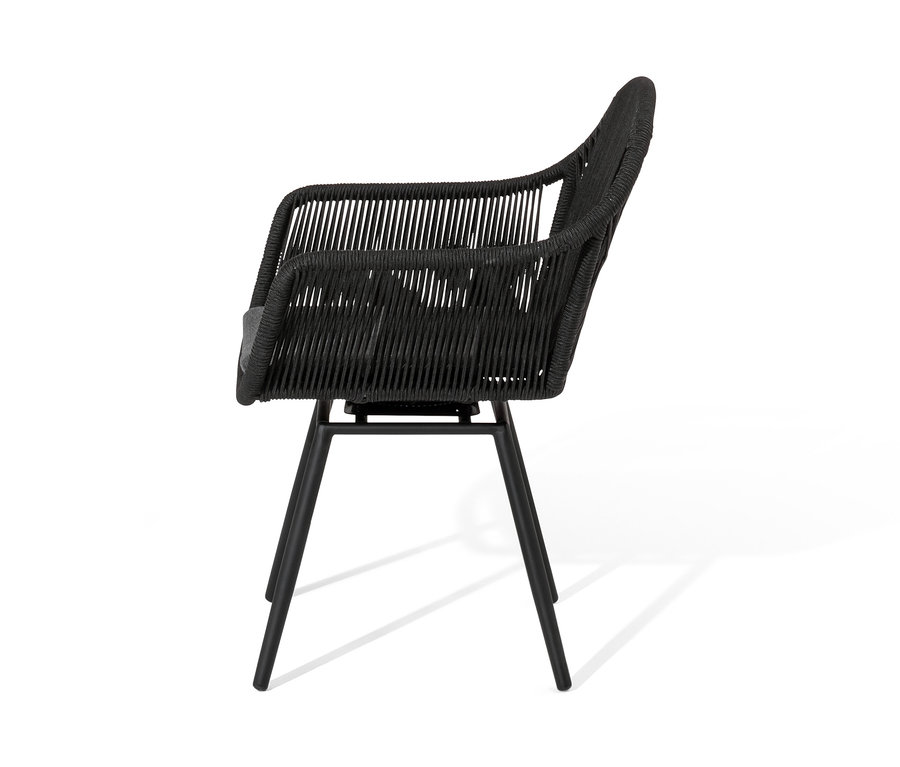 Vue latérale d'un fauteuil de salon pivotant avec tressage textile.