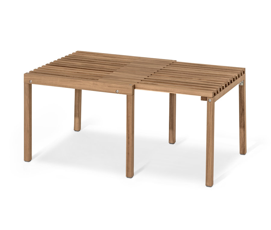 Table basse extensible « Tinus » avec quatre pieds et un plateau de table à lattes.