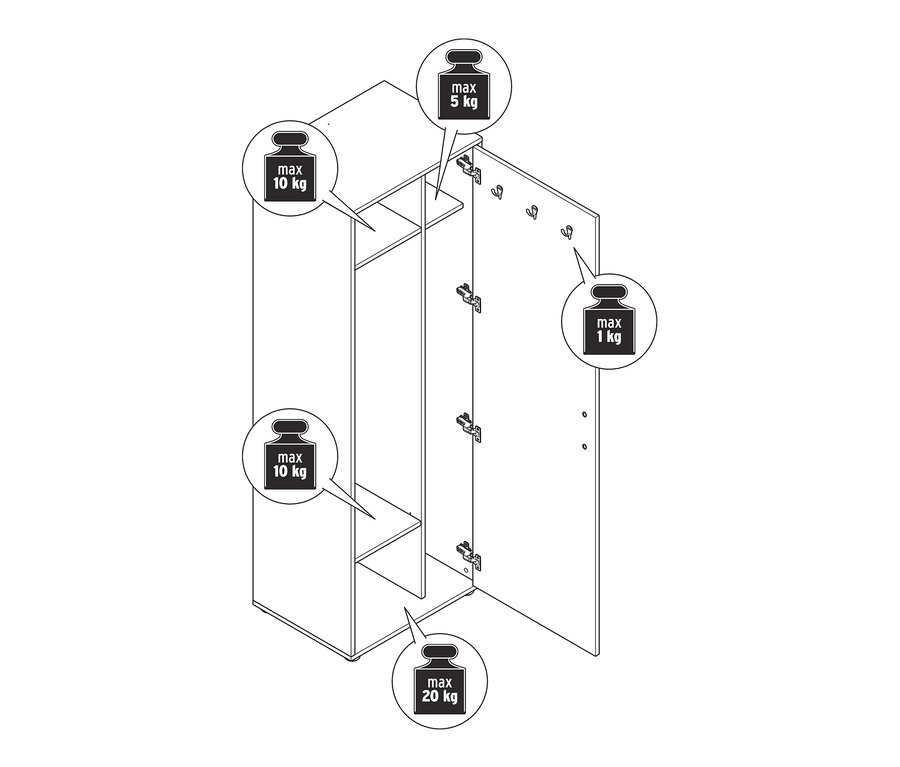 Schéma d'une armoire universelle avec une porte ouverte et des limites de poids pour les étagères.