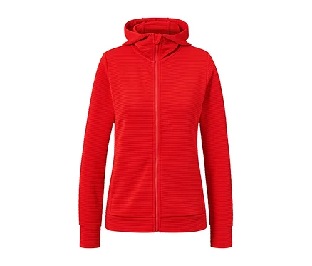 Veste à capuche rouge orange avec fermeture éclair au centre.