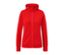 Veste à capuche rouge orange avec fermeture éclair au centre.