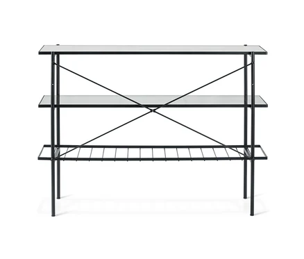 Console, largeur env. 120 cm, avec trois étagères en verre et un cadre en métal noir.