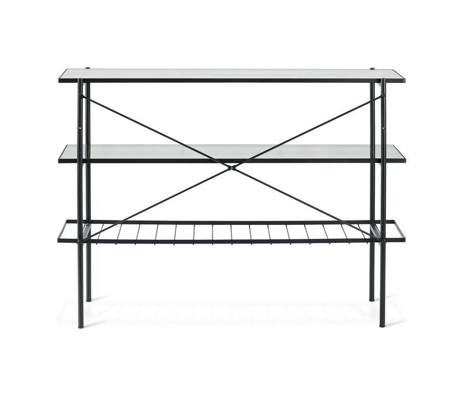Console, largeur env. 120 cm, avec trois étagères en verre et un cadre en métal noir.