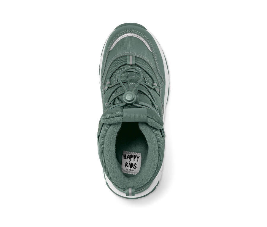 Vue détaillée de dessus de bottines thermiques pour enfant, vert.