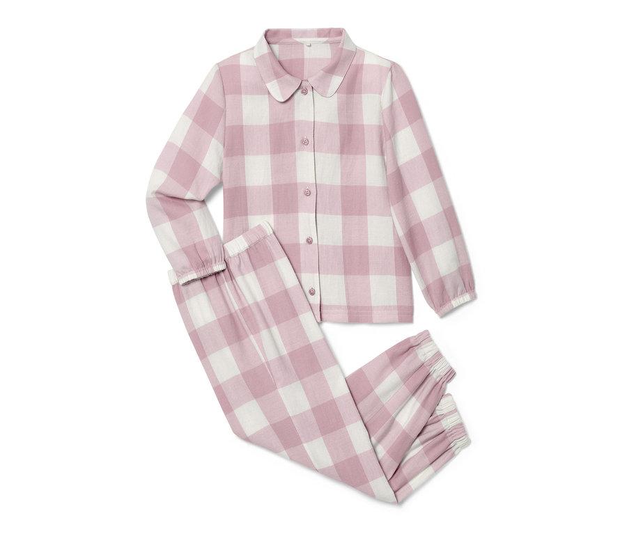 Un pyjama en flanelle pour enfant avec un motif à carreaux rose et blanc.