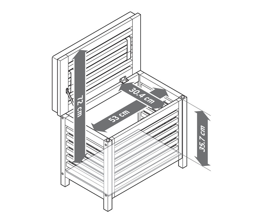Dessin d'un coffre en bois massif avec coussin et indications de dimension.