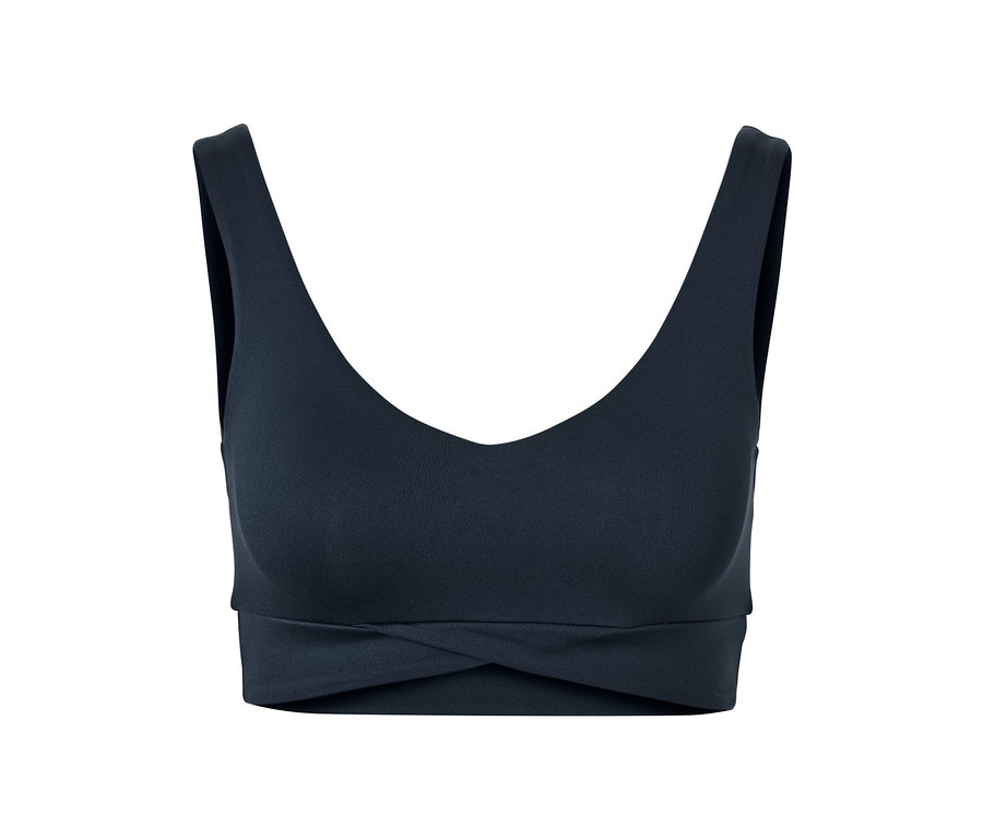 Détail d'une brassière de sport, bleu marine.