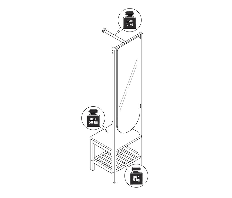 Schéma d'une armoire ouverte avec miroir et étagère.