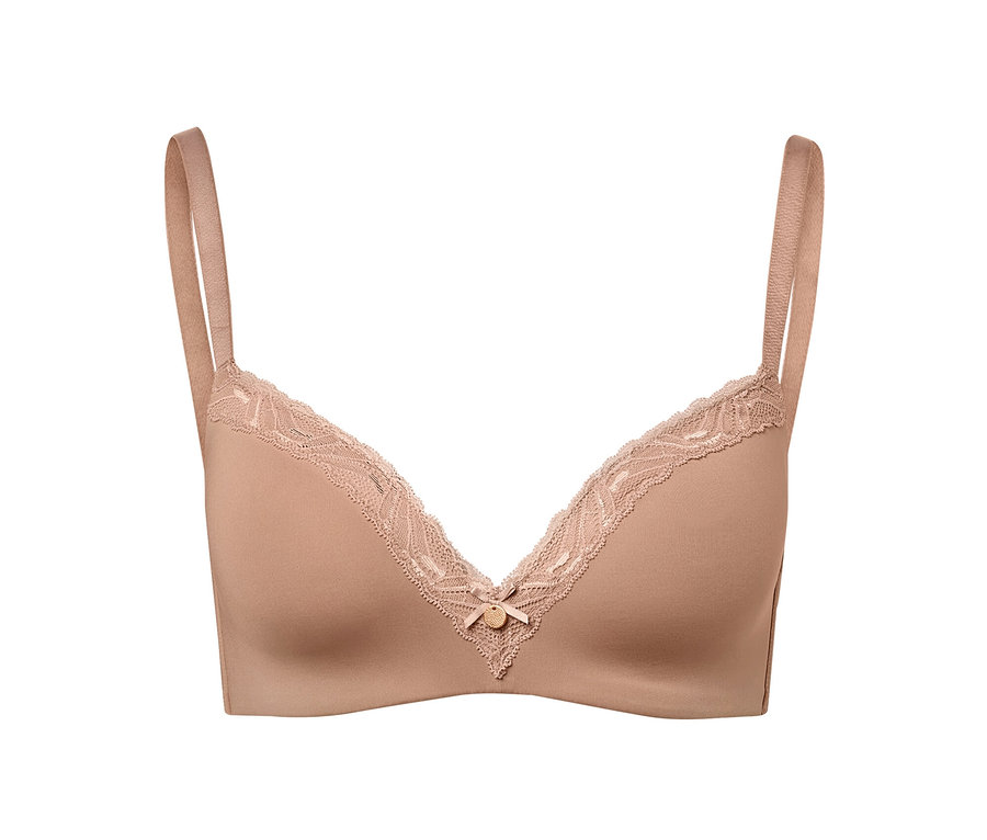 Soutien-gorge à coques souples beige avec bordure en dentelle.