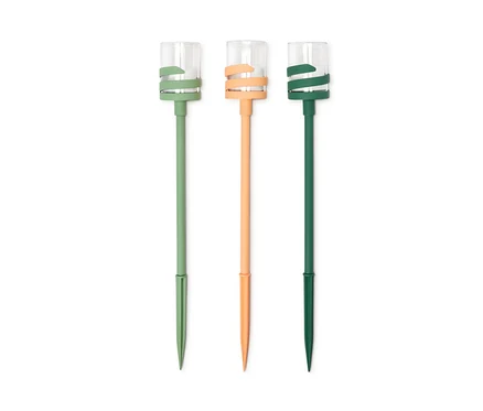 Trois faisceaux LED d’extérieur en vert, orange et vert foncé.