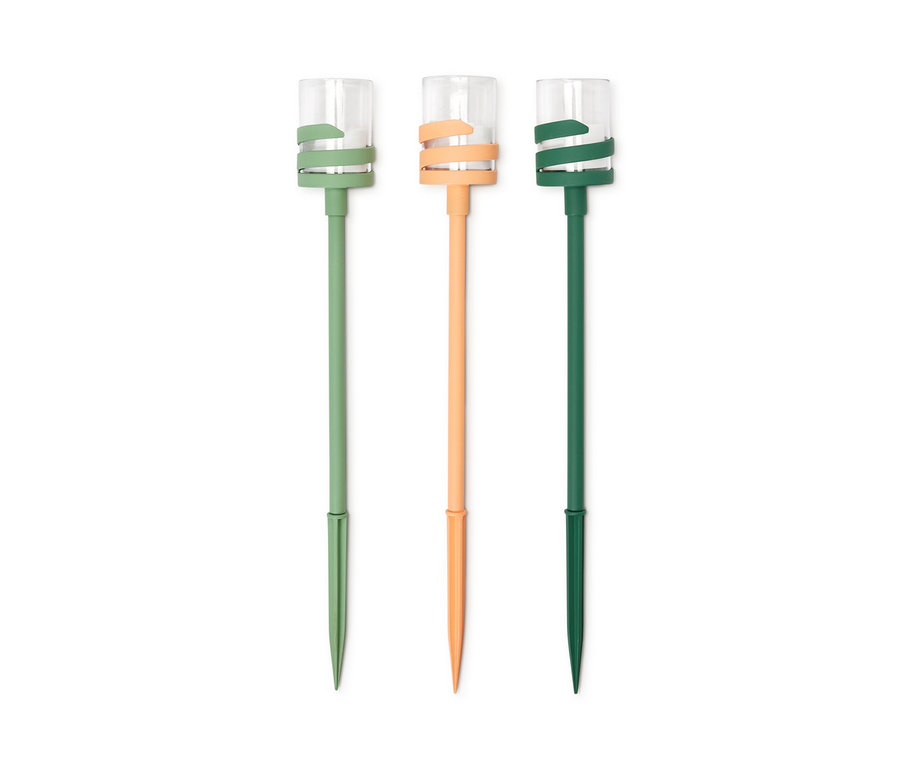 Trois faisceaux LED d’extérieur en vert, orange et vert foncé.