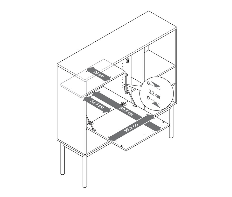 L'image montre les dimensions du secrétaire Bekeson.