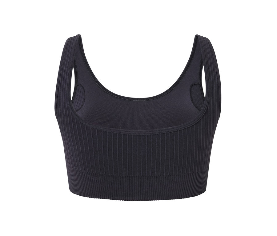 Vue détaillée d'une brassière de sport sans coutures anthracite.