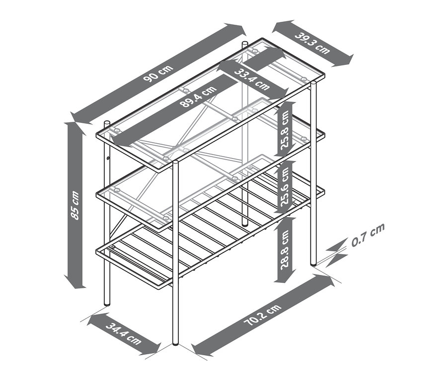 Illustration d'une console d'une largeur d'environ 90 cm avec trois étagères en verre et un cadre métallique.