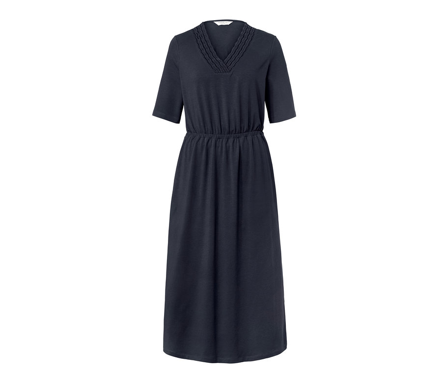 Robe en jersey bleu marine avec manches courtes et encolure en V.