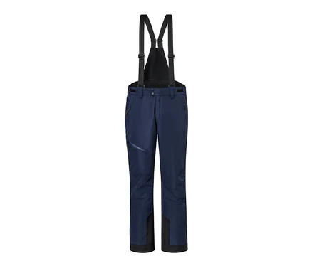 Pantalon de ski bleu avec des bretelles noires.