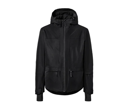 Veste de ski noire avec capuche, poches zippées et manches longues.