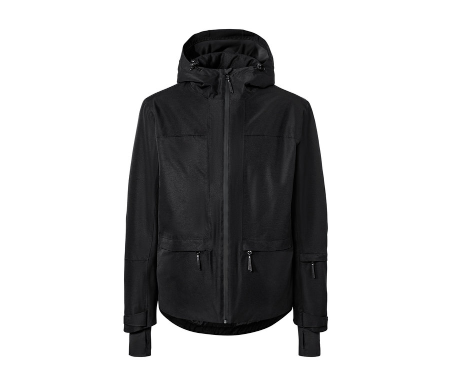 Veste de ski noire avec capuche, poches zippées et manches longues.