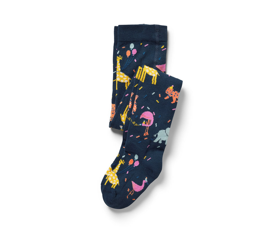 Collants bleu marine pour enfants avec motifs de girafes, flamants roses, éléphants et confettis.