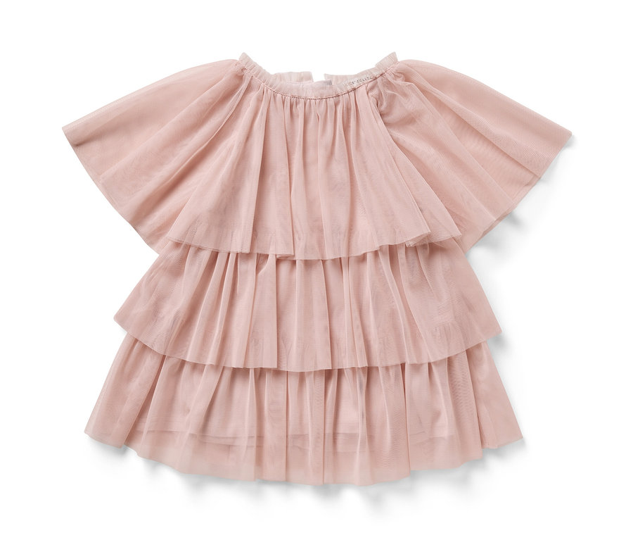 Robe en tulle rose pour enfant avec trois volants.