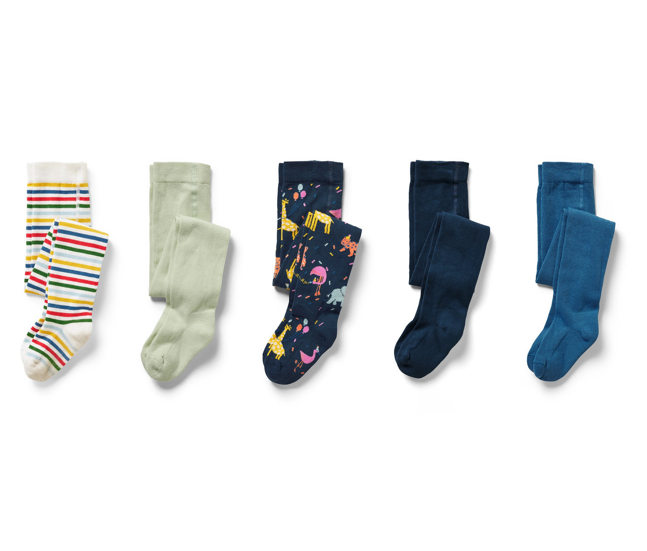 Cinq paires de collants pour enfant de différentes couleurs et motifs.