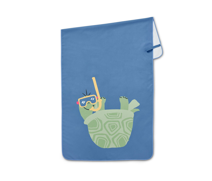 Serviette microfibre bleue pour enfants avec motif de tortue portant des lunettes et un tuba.
