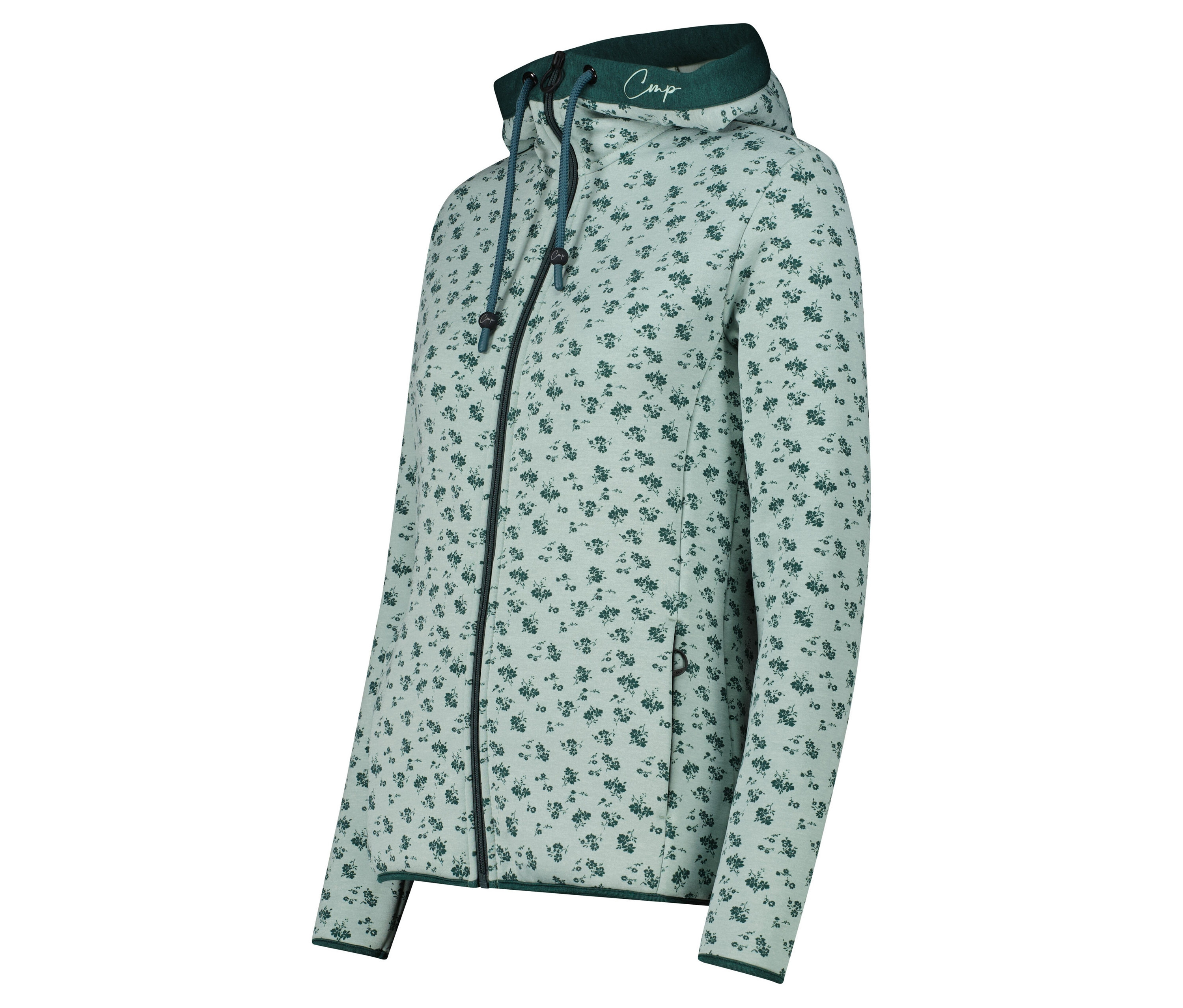 Veste à capuche zippée vert clair avec motif floral vert foncé.