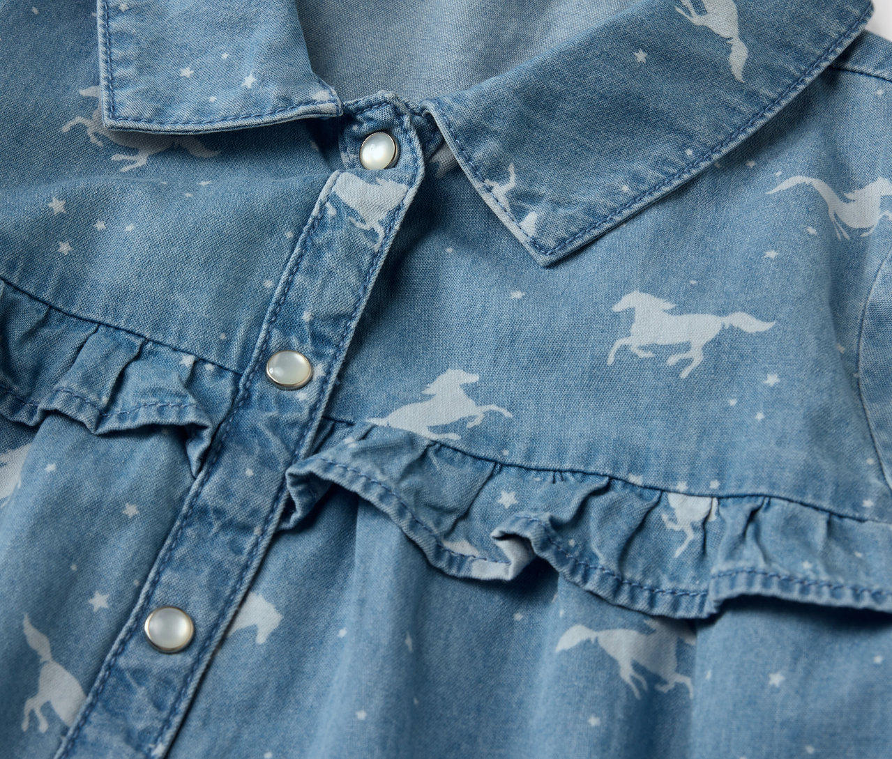 Gros plan sur une robe en jean pour enfant avec des imprimés de chevaux et des volants.